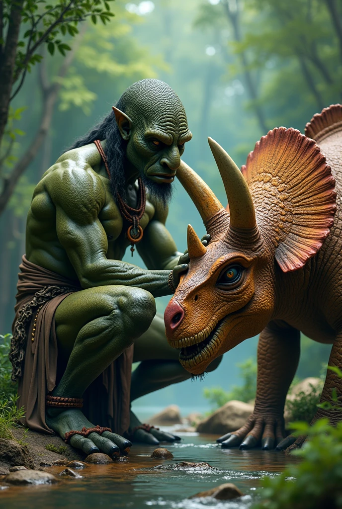 Reptilian dark green scaled tribal man, lovingly cares for a colorful triceratops dinosaur, that is lying on the edge of a river in the forest.
He would caress his broken horn