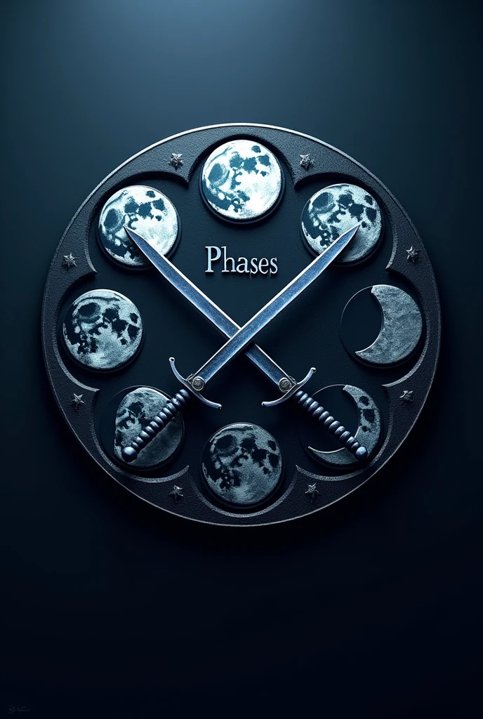 a detailed logo of moon phases, modern design, espionage theme, with the name "PHASES" written, blue and metallic silver colors, swords, high quality, photorealistic, 8k, hyper detailed, cinematic lighting, elegant, dramatic