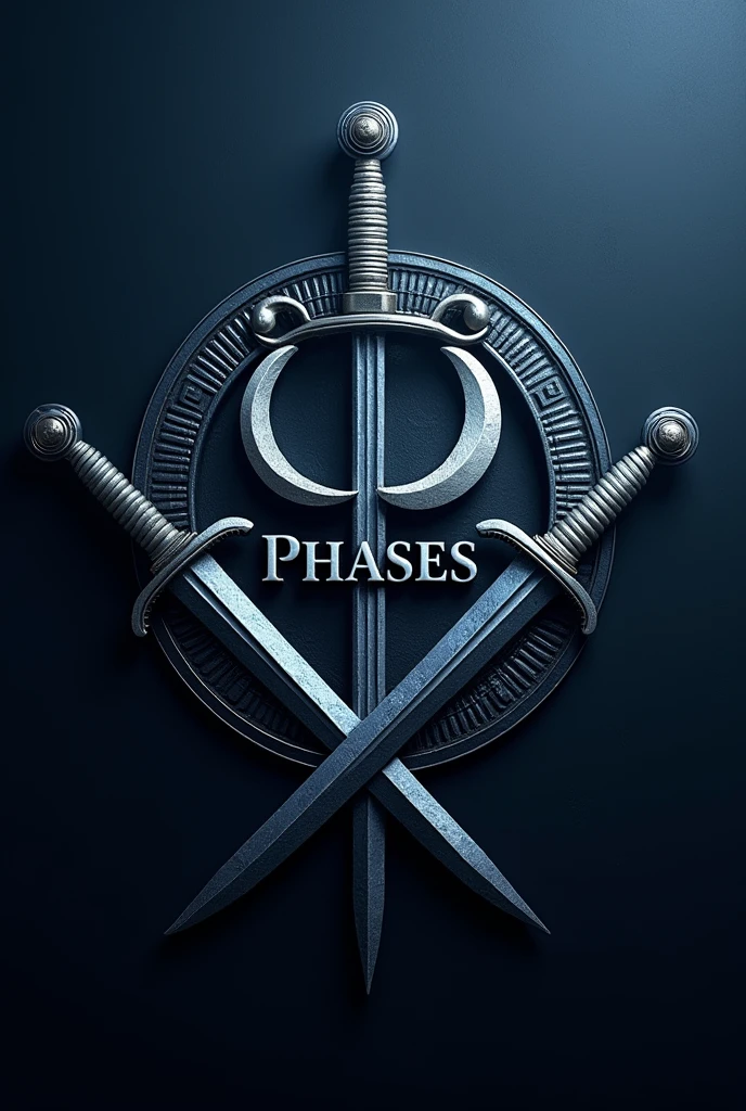 a detailed logo of moon phases, modern design, espionage theme, with the name "PHASES" written, blue and metallic silver colors, swords, high quality, photorealistic, 8k, hyper detailed, cinematic lighting, elegant, dramatic