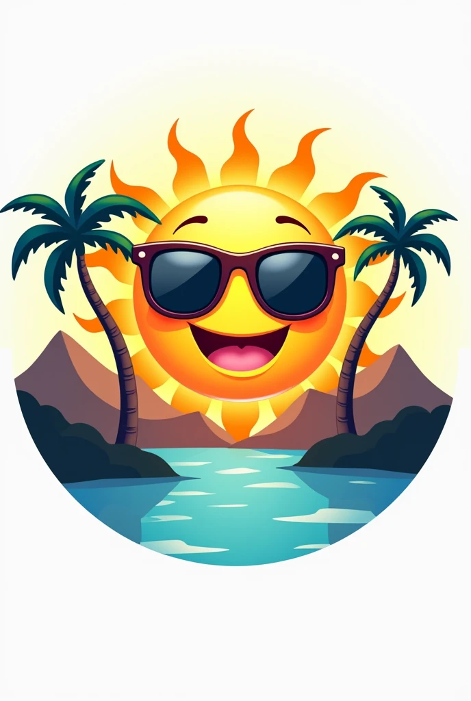 ANIMATED LOGO TRAVEL AGENCY A SUN WITH DARK GLASSES, Happy and cheerful,BEHIND MOUNTAINS AND PALM TREES