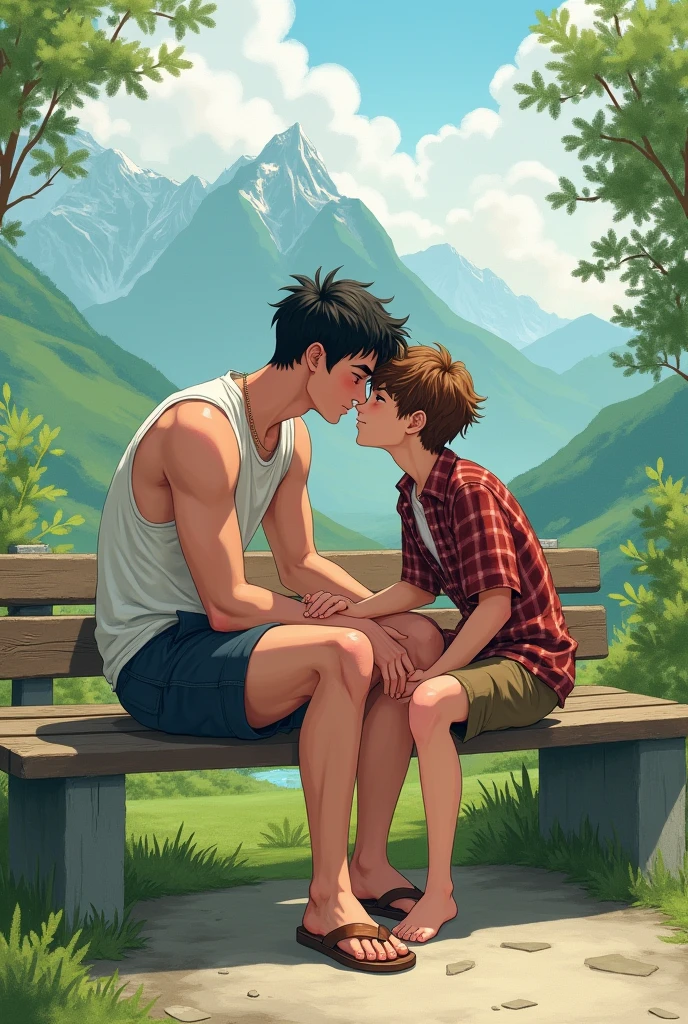 create an image with two teenage boys on a bench. a taller man sitting with short black hair and tanned skin toned body sleeveless shirt and shorts. lying with his head in his lap is the other thin, smaller boy with fair skin and messy, curly brown hair, wearing plaid pants and shirt. the two have their hands on each other&#39;s heads, getting closer to kiss each other on the mouth. the scene is a mountain with trees around it. use references from yaoi manhwas imitating the watercolor style.