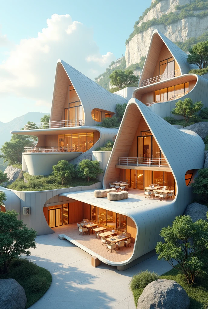 Create an image of three architectural structures with the concept of "BOAT" on sloping ground. The use of the structures is to create a space for market squares. Add geometric elements
