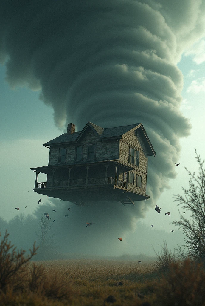 A house flying inside of a tornado