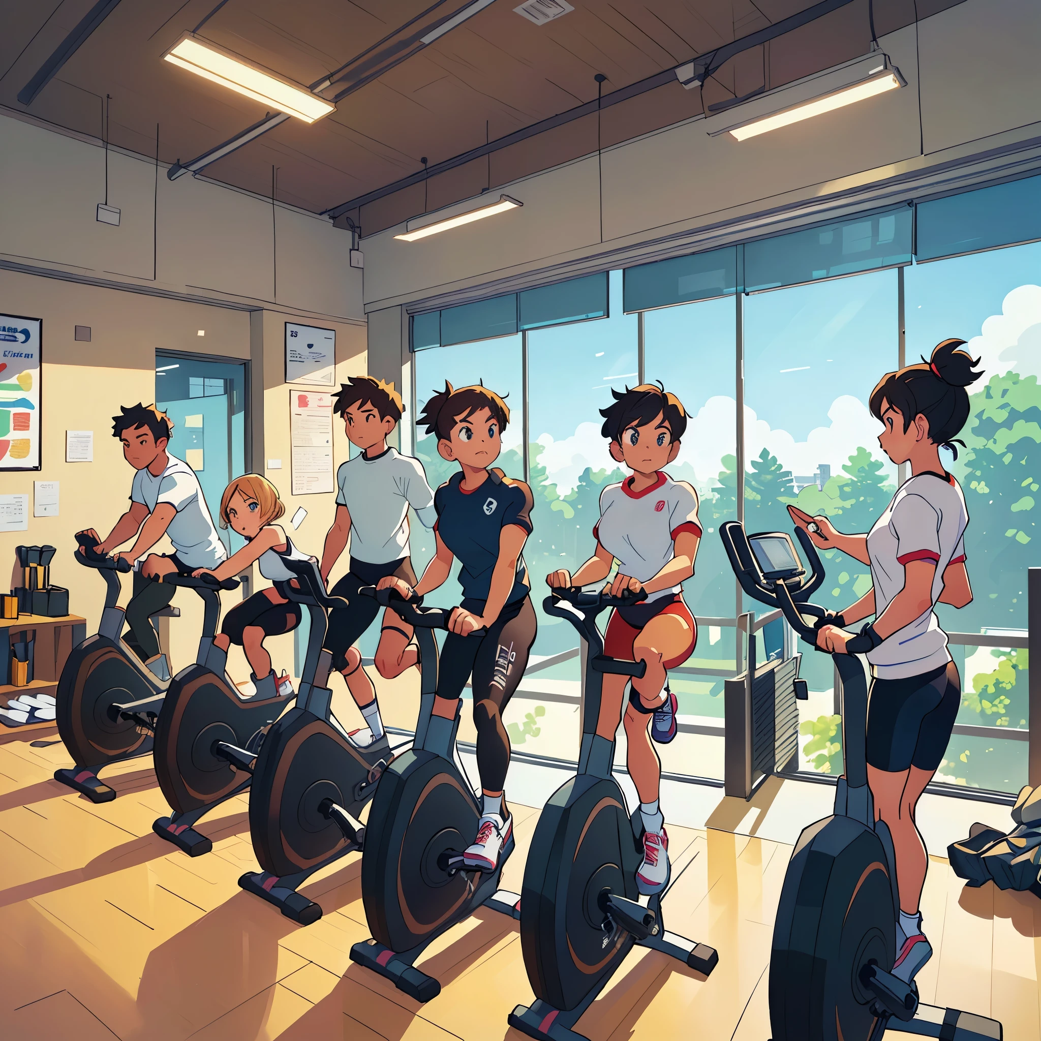 there are many people riding stationary bikes At the gym, At the gym, From yowamushi pickup, Business Illustration, The background is the gym, exercise, Digital Illustrations -, Headquarters Artwork, Spinning, cartoon style illustration, detailed 2d illustration, Cycling!!,