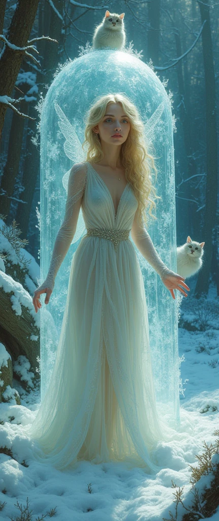 A beautiful fairy trapped in a frosted, fluffy ice bubble, with a fluffy cat and a bird, realistic comic art oil painting style, detailed facial features, detailed clothing, detailed environment, volumetric lighting, dramatic shadows, vibrant colors, cinematic composition