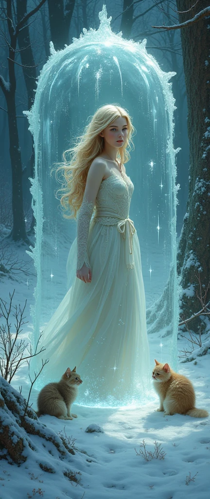 A beautiful fairy trapped in a frosted, fluffy ice bubble, with a fluffy cat and a bird, realistic comic art oil painting style, detailed facial features, detailed clothing, detailed environment, volumetric lighting, dramatic shadows, vibrant colors, cinematic composition