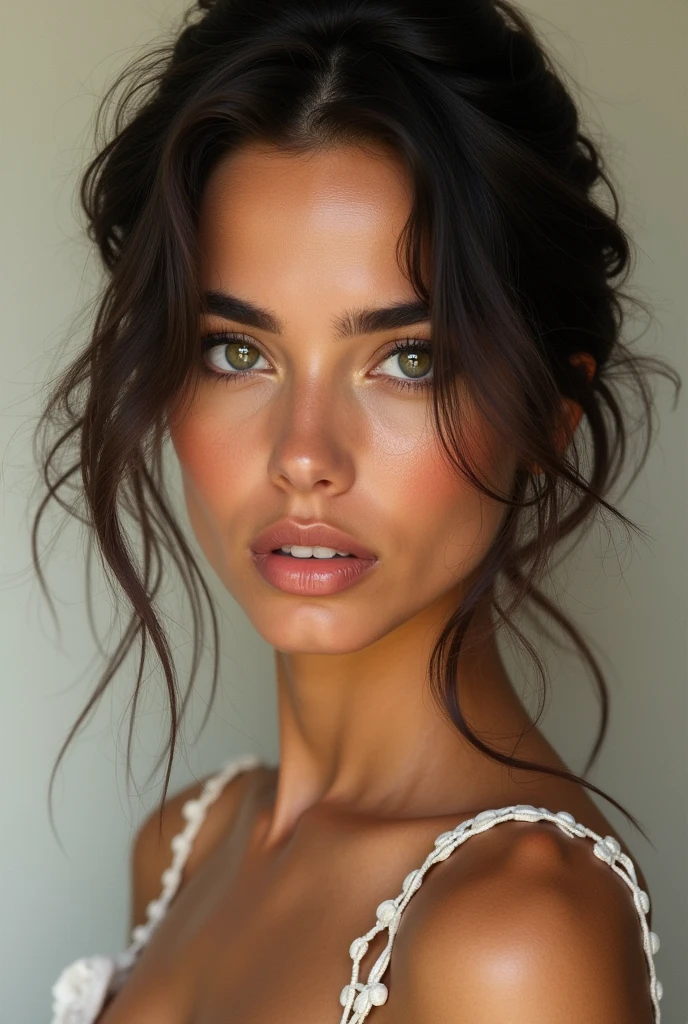 A white woman with a slightly large chin, greenish brown eyes, sharp nose, straight eyebrows, Portuguese brunette 