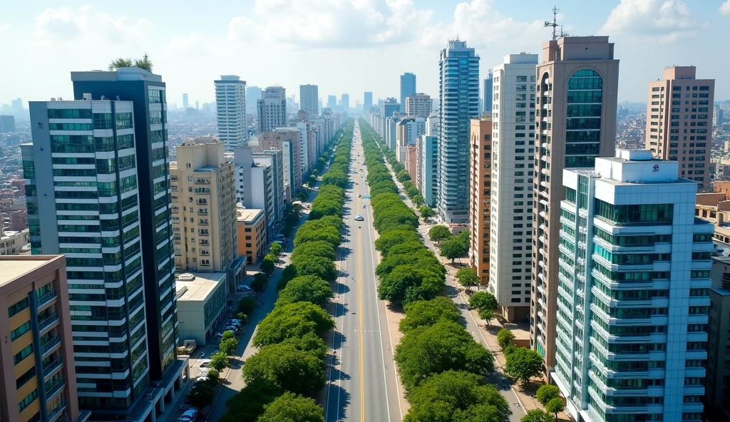 Description for the image:
vista: aerial sky Location: Main avenue of the city of Mollendo.
buildings: Dos filas de edificios residential, located on both sides of the avenue. There are 8 buildings on the left side and 8 on the right side..
Design of buildings: Each building has a different architectural design,
There are buildings on the avenue :
residential. 
Offices with mirror.
Hotel.
Bank. etc. 
Colors of the buildings on the left side: 
buildings: 2,4, 7 in white and dark blue lines.
buildings: 1, 5, 3 and 8. White with dark orange lines.
building: 6 of White and black lines.
Colors of the buildings on the right side:
buildings: 1, 4, 8 of Blue and white.
buildings: 3, 6, of Beige and white.
buildings: 2, 5, 7 in White and light blue lines.
Height: Each building is approximately 100 meters high and has around 28 floors..
Green trees and path: Includes trees along the avenue and on the central path.