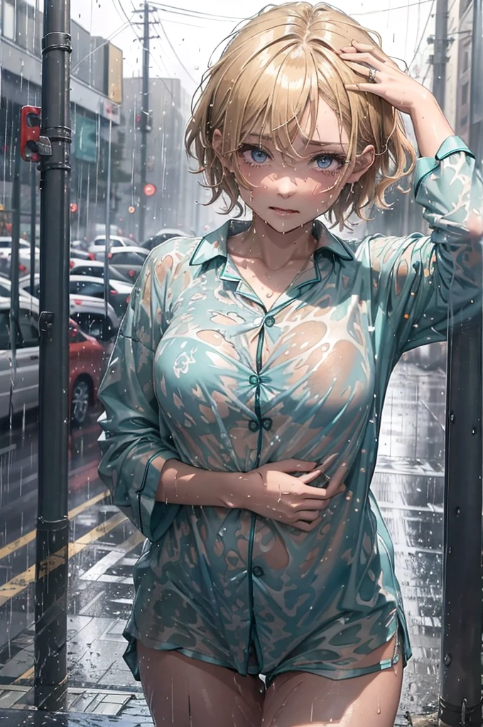 teal coloured shirt, soaking wet, drenched to the bone, Outside in the dark dimly lit streets, wearing nothing but her pyjama shirt, patterned shirt, soaking wet, heavy rainfall, caramel-blonde hair, gorgeous amazing eyes, depressed purple eyes, crying, sad, very dark, nighttime, pyjama shirt clinging to her body from the rain, very short hair, coloured pyjama shirt, naked below the waist,