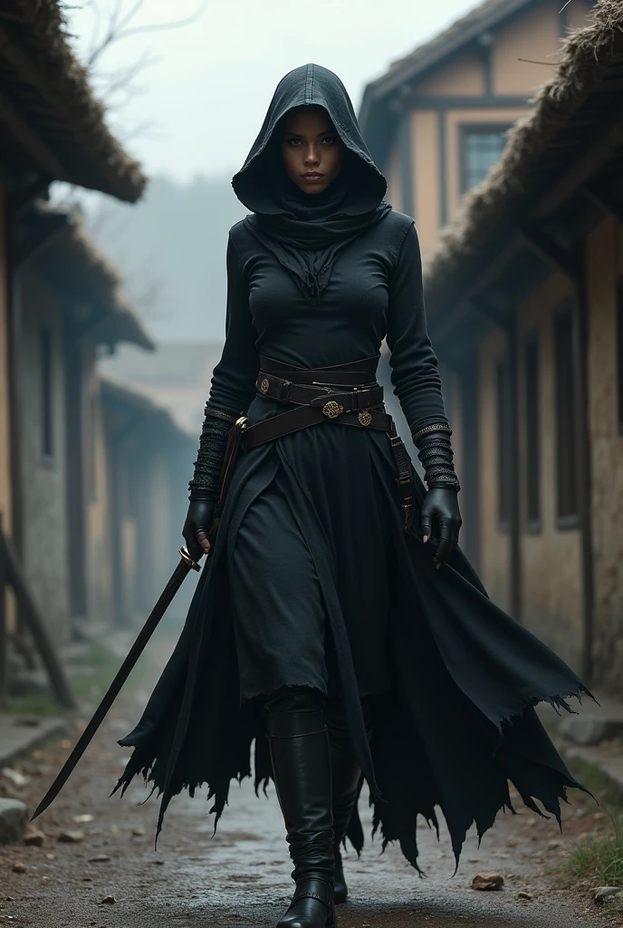 Create an RPG character, a dark-skinned woman of the human race, assassin class with a katana in a medieval village