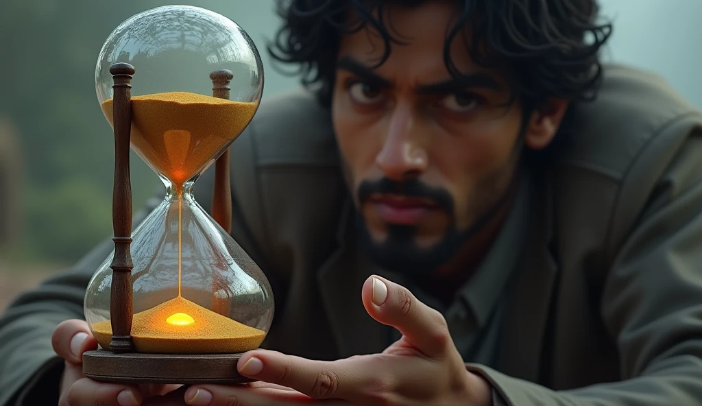 The hourglass in Rohan's hands**, the sand slowly trickling down, with Rohan's thoughtful expression in the background