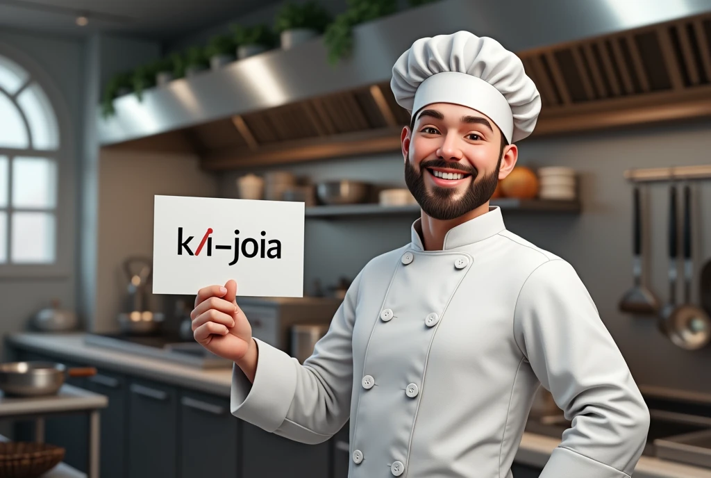 realistic image of a smiling chef making the thumbs up sign and holding a sign with the inscription "Ki-Joia Blog" In the other hand 