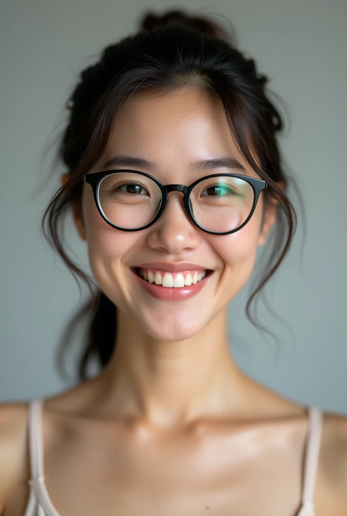 Close-up of a 40-year-old Japanese middle-aged woman wearing glasses。Completely naked、Small breasts、skinny、Hair pulled back in a ponytail、Facing forward and grinning。
