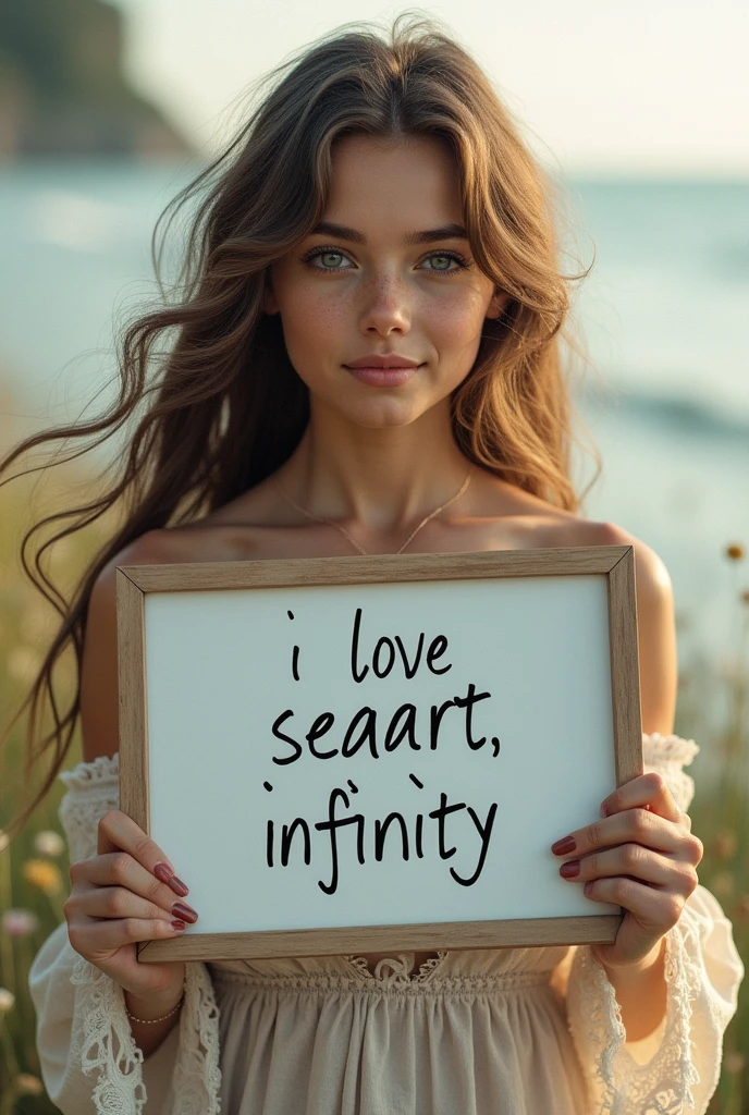 Beautiful girl with wavy long hair, bohemian dress, holding a white board with text "I Love Seaart Infinity" and showing it to the viewer