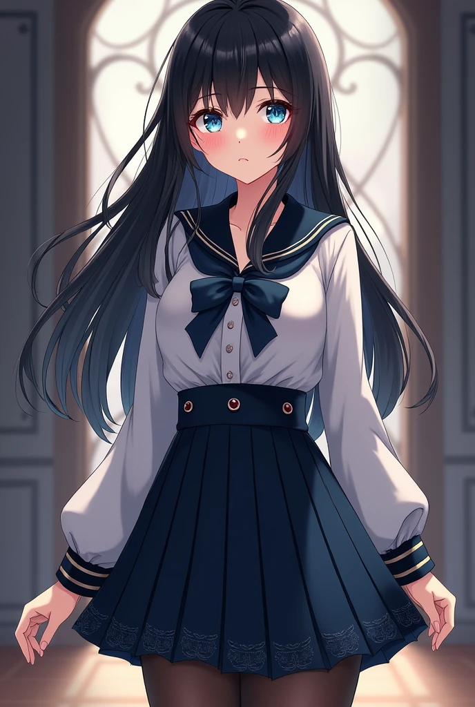 ANIME GIRL
NOBLE WOMAN WITH BLUE EYES, BLACK HAIR, DREESING A
ANIME GIRL NOBLE WOMAN WITH BLUE EYES, BLACK HAIR, DREESING A Blouse: Style: Traditional sailor collar blouse with a refined touch. Color: Pearly white with dark blue or black trim around the collar and sleeves. Bow tie: A dark blue or deep purple silk bow tied at the front below the collar. Skirt: Style: Short pleated skirt falling just above the knee. Color: Dark blue, black or burgundy, with a light gold or silver trim at the hem, such as a discreet embroidery of the school emblem. Tights: Style: Tights are mandatory, covering the entire leg to the waist, ensuring an elegant and modest look. Color: Black or dark gray, with a smooth or opaque texture, without a pattern. Shoes: Style: Mary Jane or Oxford style shoes. Color: Black or brown with a small gold or silver buckle. full body