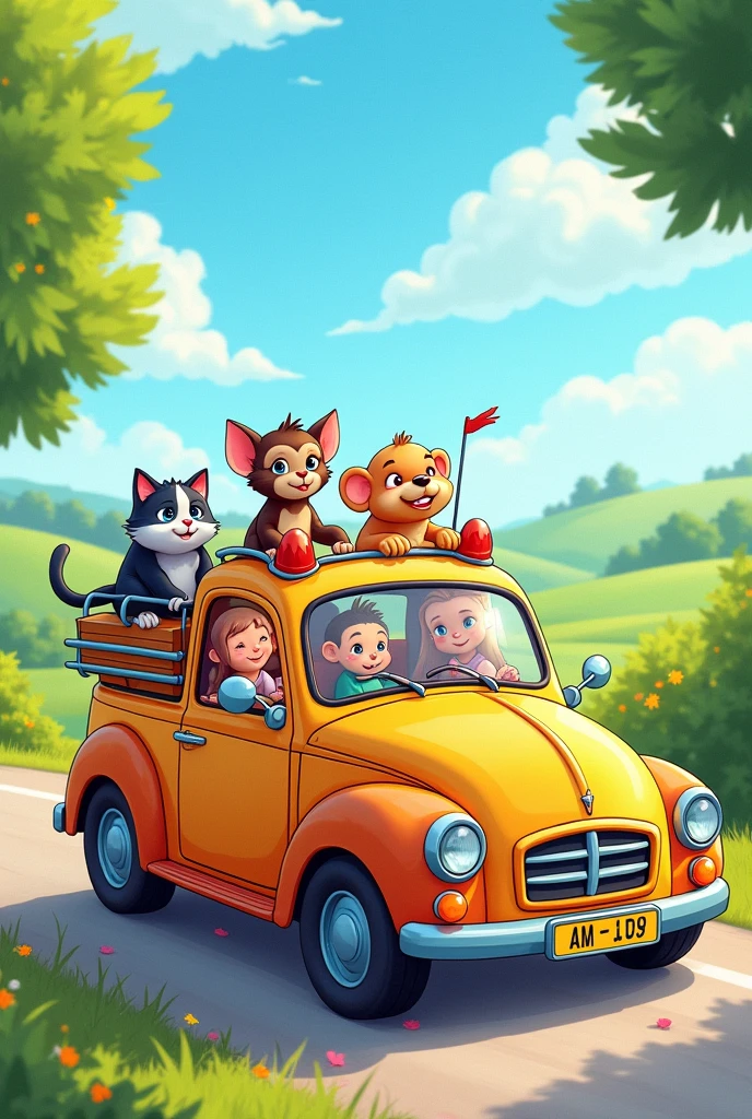 I need a drawing of animals inside a car for the child to color.
