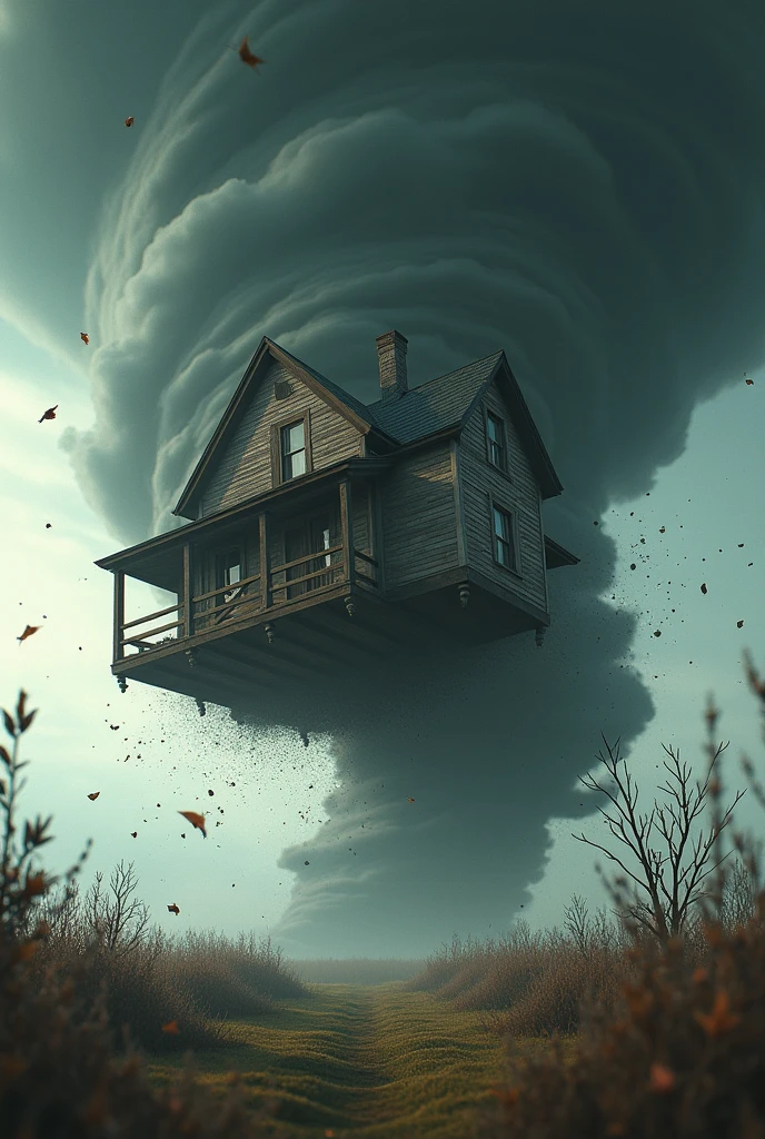 A house flying inside of a tornado