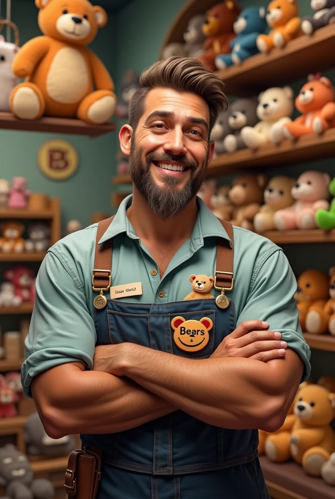 Create another realistic human male worker with the same previous outfit with the logo of a store called "bears "a stuffed animal store