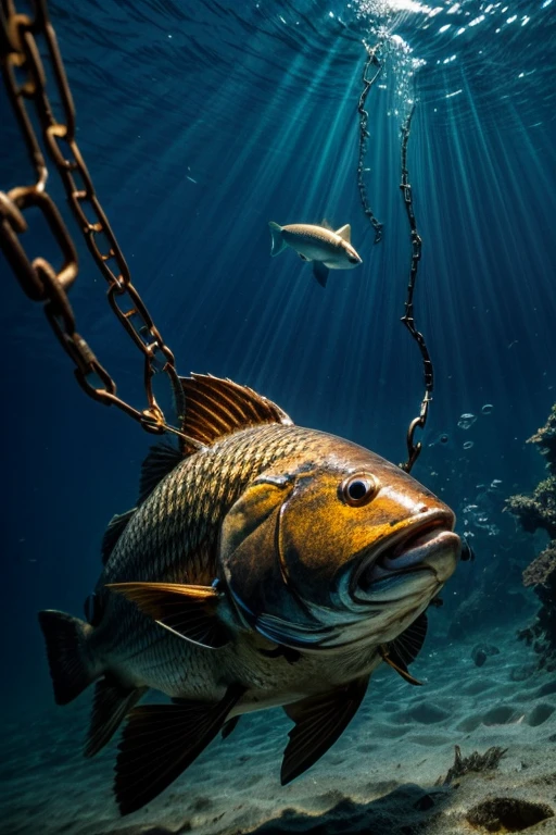 Looking up from under water, the surface of the water looking up is shaking, fishing, the hook hangs down from a chain. Many chains floating down. rusty chains,