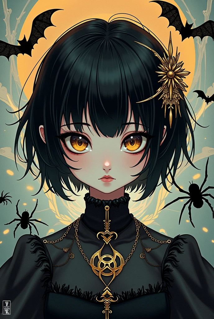 japanese goth kawaii girl, (abstract art:1.2), fractal art, psychedelic art, (style of Yuko Shimizu:1.1), red theme, dark theme, 1girl, thorns, hair ornament, somber expression, metallic gold accent, masterpiece, best quality, ultra high res, award-winning art, highly detailed, beautiful, aesthetic, in the style of sci-fi french illustrator and cartoonist moebius, bats, spiders,