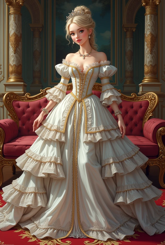 Full length portrait of a beautiful royal woman wearing a 1700s Rococo style dress, Image created in an anime style