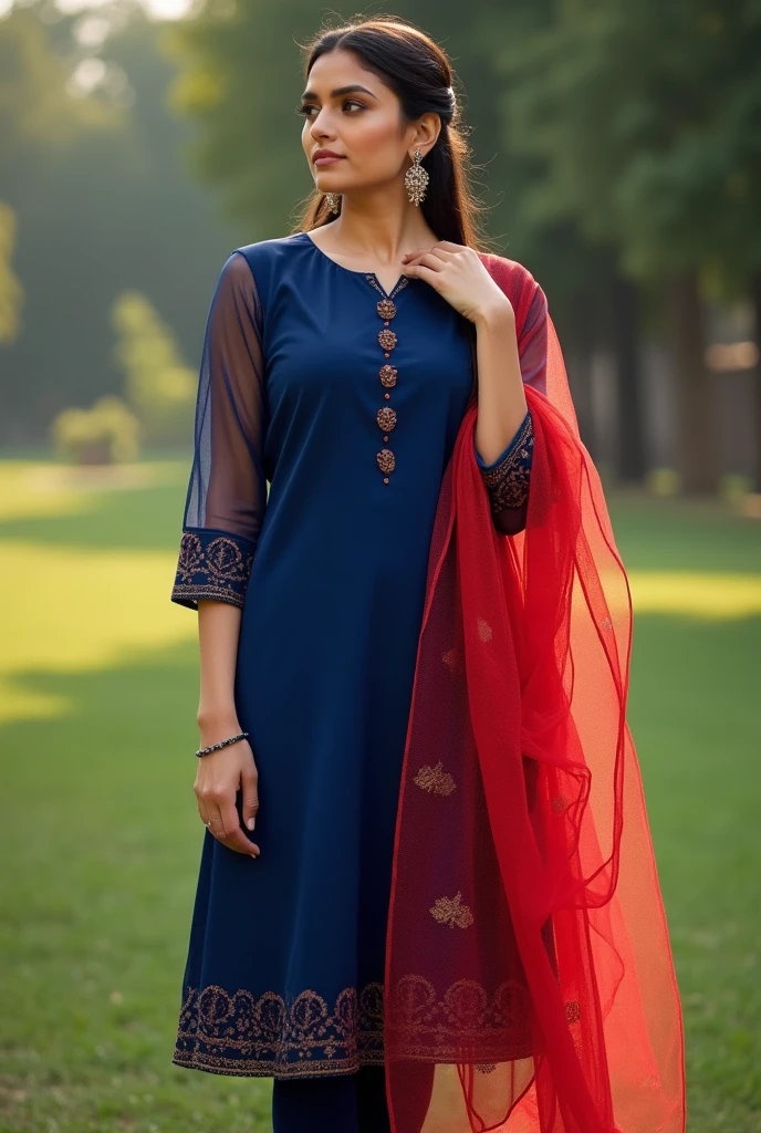 Plain deep Blue Kurti with not visible prints. Sleeves should be neted, leggings pant with red net dupata. 
