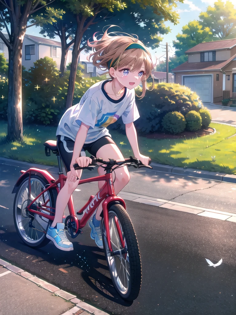 ((8k, Highest quality, masterpiece: 1.3)),Ultra-high resolution,(1 girl, alone), (Color changing eyes, Ultra-detailed, Expressive brilliance, Glitter, Glowing Eyes), Highly detailed eyes, Highly detailed face, Random Hair, ((pastel colour))A young girl with short, light brown hair, tied back with a headband, rides her bike through a quiet suburban neighborhood. She’s dressed in a casual T-shirt and shorts, with sneakers on her feet. Her expression is one of joy as she pedals along the smooth pavement, the wind blowing through her hair. The neighborhood is peaceful, with well-kept lawns, trees lining the street, and the occasional car parked along the curb. The sun is shining brightly, casting long shadows on the road, and the sound of birds chirping fills the air. A few houses have their doors open, with people enjoying the warm weather.