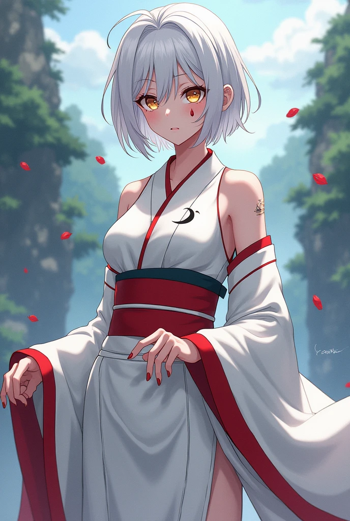 Sesshomaru female version short hair golden eyes white kimono with red stripes and a crescent moon mark on her cheek 