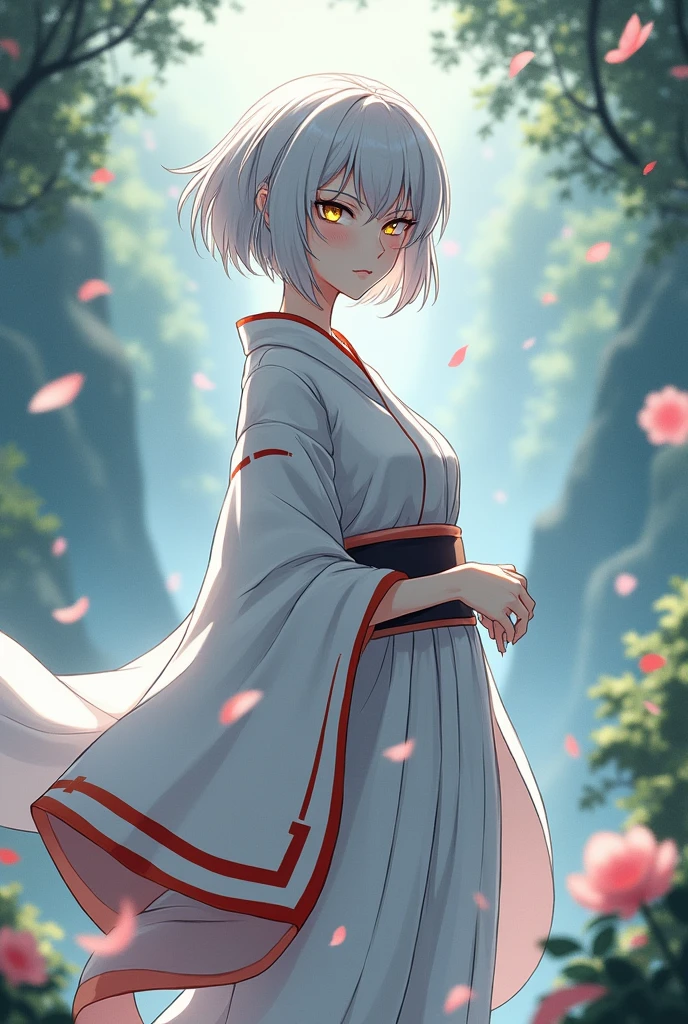 Sesshomaru female version short hair golden eyes white kimono with red stripes and a crescent moon mark on her cheek 
