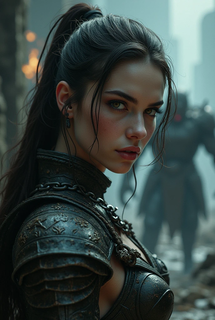 a female warrior chained to a lock, fighting against a demon, 1girl, highly detailed, extremely detailed face and eyes, beautiful detailed lips, longeyelashes, intricate armor, battle scene, dramatic lighting, dark fantasy, moody atmosphere, cinematic composition, epic scale, dramatic pose, digital painting, concept art, muted color palette, dramatic shadows, volumetric lighting, photorealistic, 8k, best quality