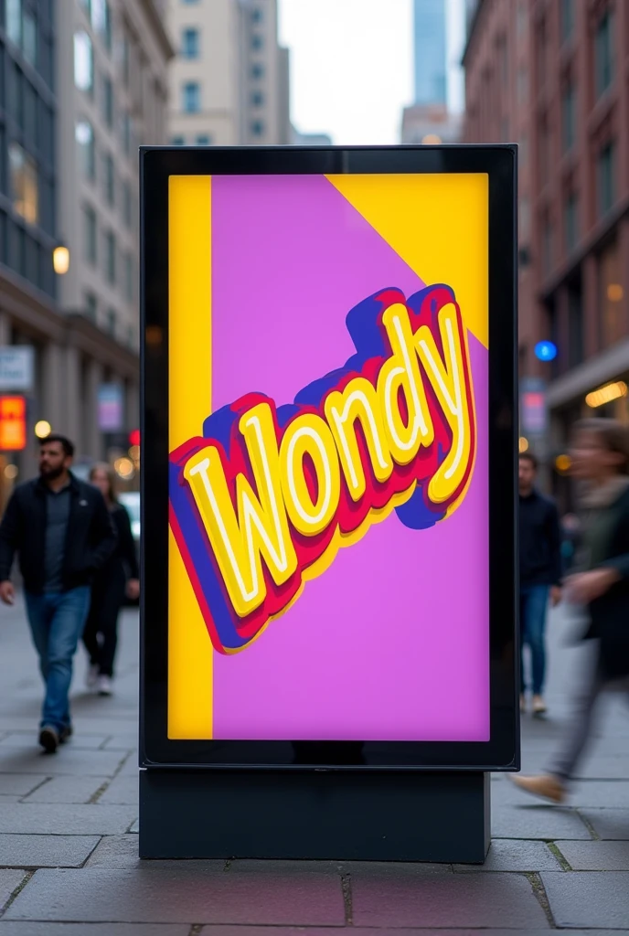 Outdoor advertising with the name WONDY in yellow and purple with a modern design, simple and fun