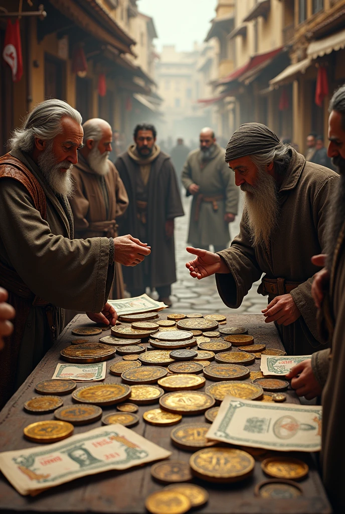 ancient bartering, historical coins and banknotes.