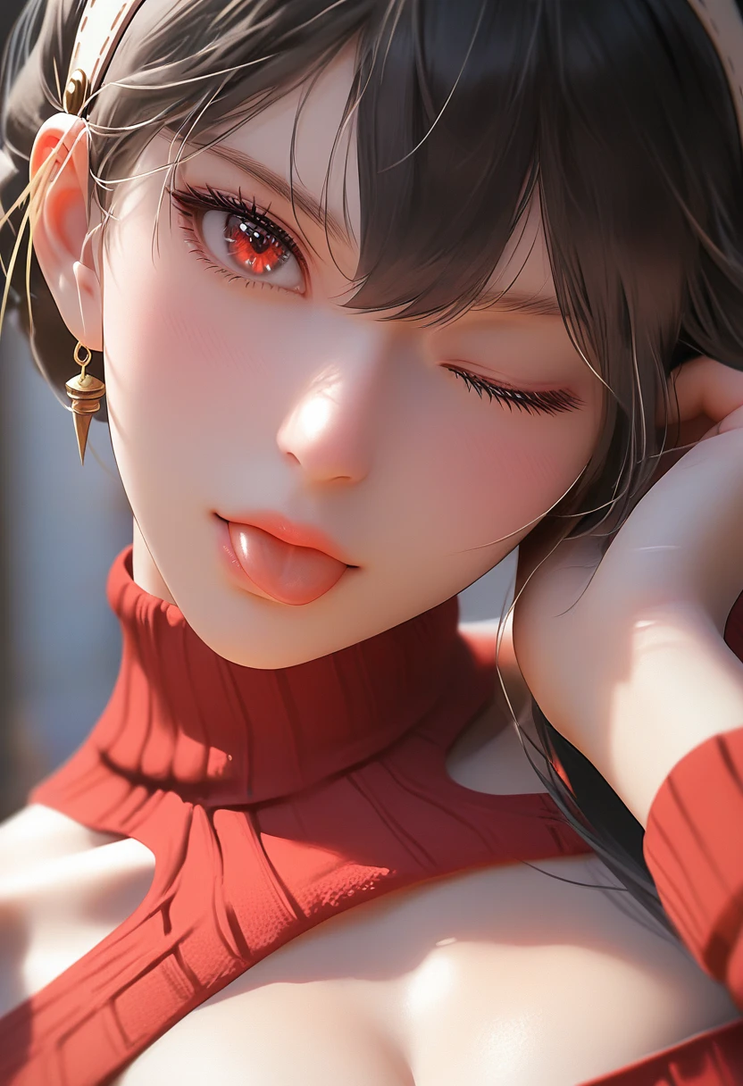 score_9, score_8_up, score_7_up, Girl's profile picture, realistic skin texture, detailed picture, close-up, HD32k, yor briar, black hair, sidelock, white hairband, red eyes, bare shoulders, red sweater dress, cleavage,
BREAK
(face focus:1.2), close-up, standing, head tilt,
BREAK
(one eye closed), closed mouth, tongue out, one clenched hand on own head,
Painstaking Attention To Details,PEAnimeBG,starlight