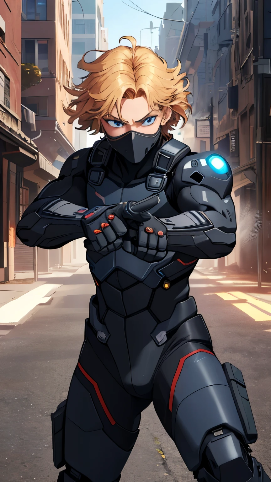 (extremely detailed CG unity 4k wallpaper),(masterpiece),(best quality),(ultra-detailed),(best illustration),(best shadow),(absurdres),(Detailed background),Handsome man, Black Advanced combat suit, short blond hair, aggressive pose, blue eyes,