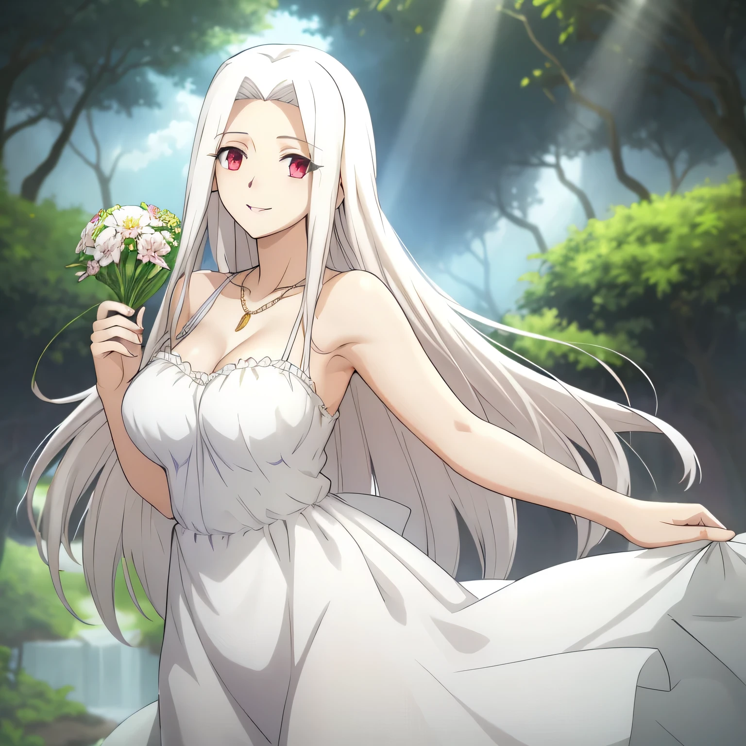 Irisviel,cold silky dress sleeveless,solo,looking at viewer,beautiful smile,arm at side,middle size of breast,beautiful necklace,tall breasts,flowers in air,in beautiful jungle,irisviel,carrying a child