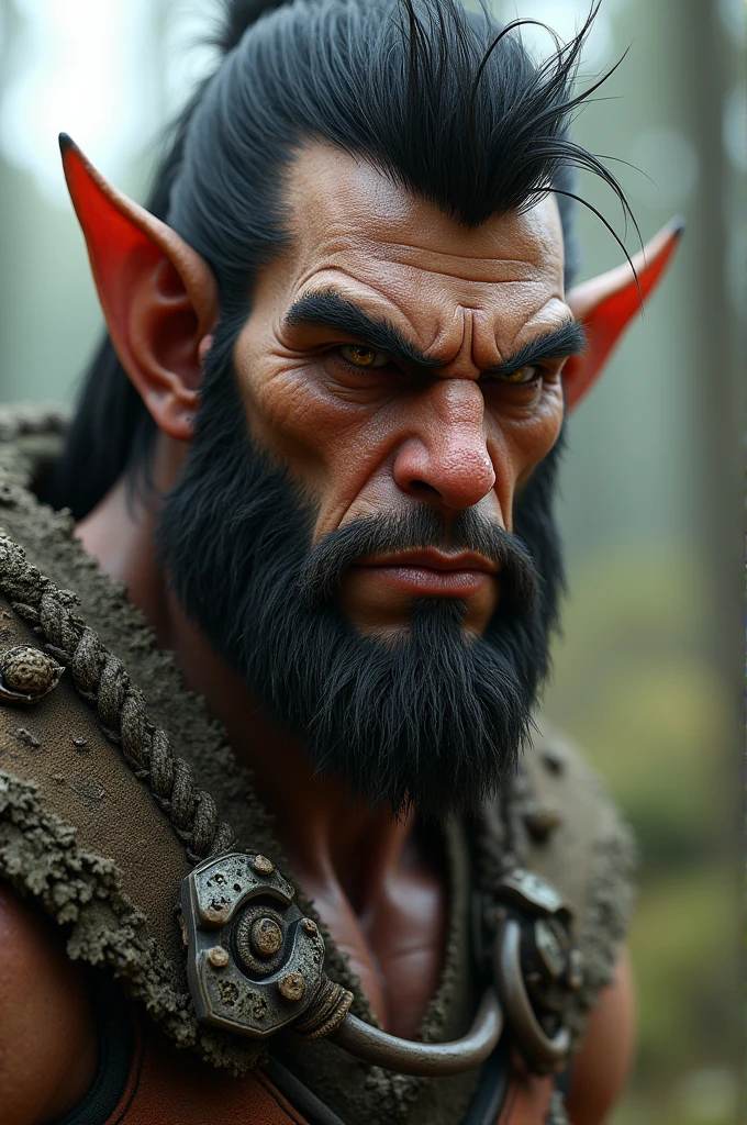Male Half-Orc He has 1,65 m tall and with a lean, wiry build. He has big brown eyes.