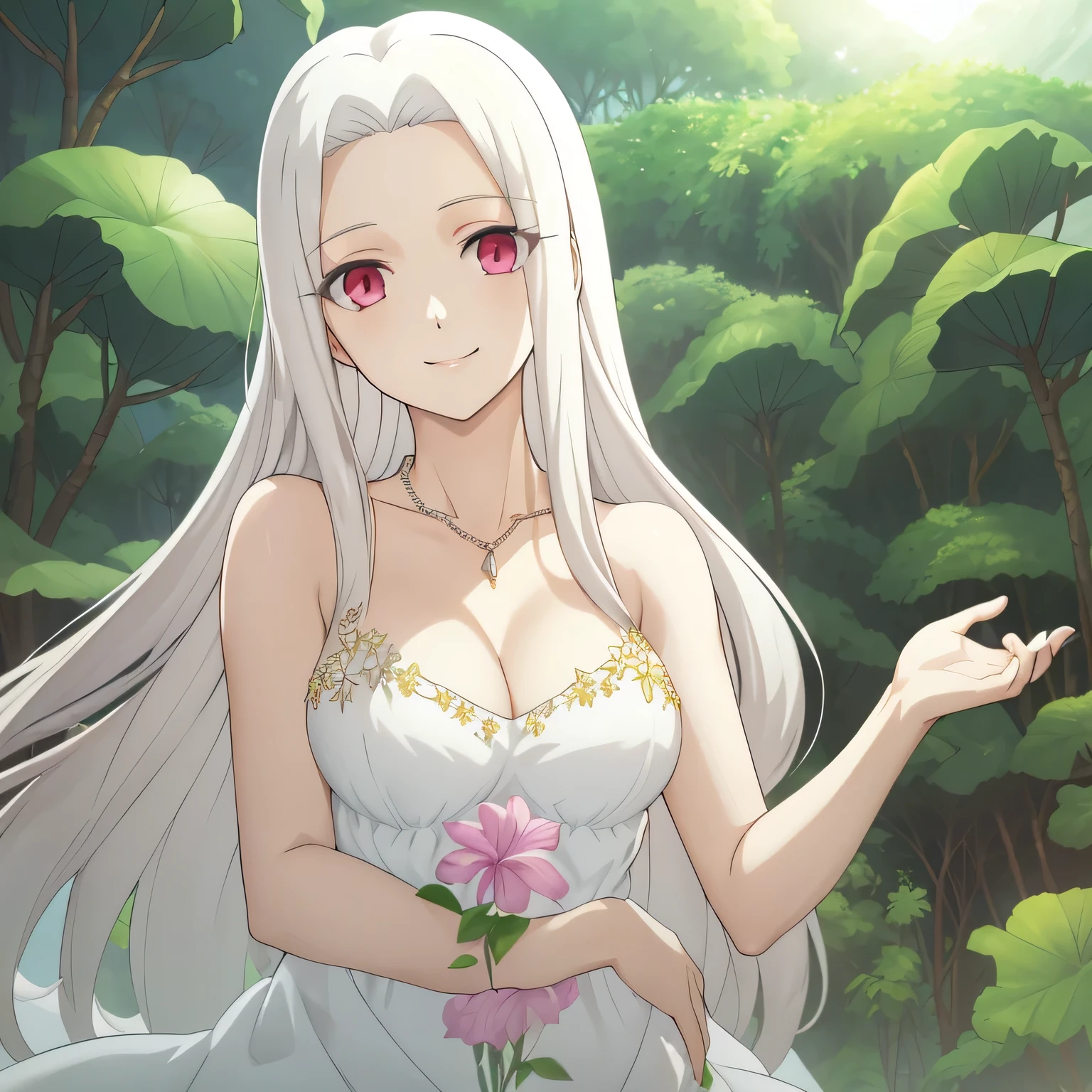 Irisviel,cold silky dress sleeveless,solo,looking at viewer,beautiful smile,arm at side,middle size of breast,beautiful necklace,tall breasts,flowers in air,in beautiful jungle,irisviel,carrying a child