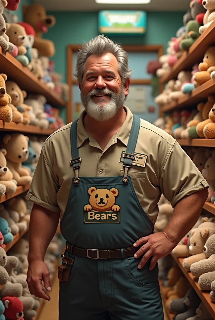 Create another realistic human male worker with the same previous outfit with the logo of a store called "bears "a stuffed animal store