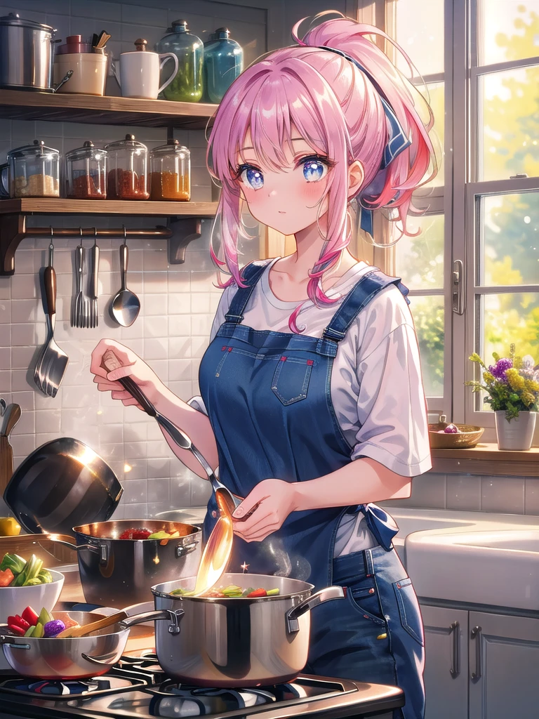 ((8k, Highest quality, masterpiece: 1.3)),Ultra-high resolution,(1 girl, alone), (Color changing eyes, Ultra-detailed, Expressive brilliance, Glitter, Glowing Eyes), Highly detailed eyes, Highly detailed face, Random Hair, ((pastel colour))A young girl with long, straight hair tied back in a ponytail stands in the kitchen, stirring a pot on the stove. She’s wearing a simple apron over a T-shirt and jeans, her expression one of focus as she carefully seasons the dish. The kitchen is modern and bright, with clean countertops and a few cooking utensils scattered about. A cutting board with chopped vegetables sits nearby, and the aroma of cooking food fills the air. The stove’s light casts a warm glow on her face, and she occasionally glances at a recipe book propped up on the counter. The room is filled with the sound of sizzling and the occasional clink of a spoon against the pot.