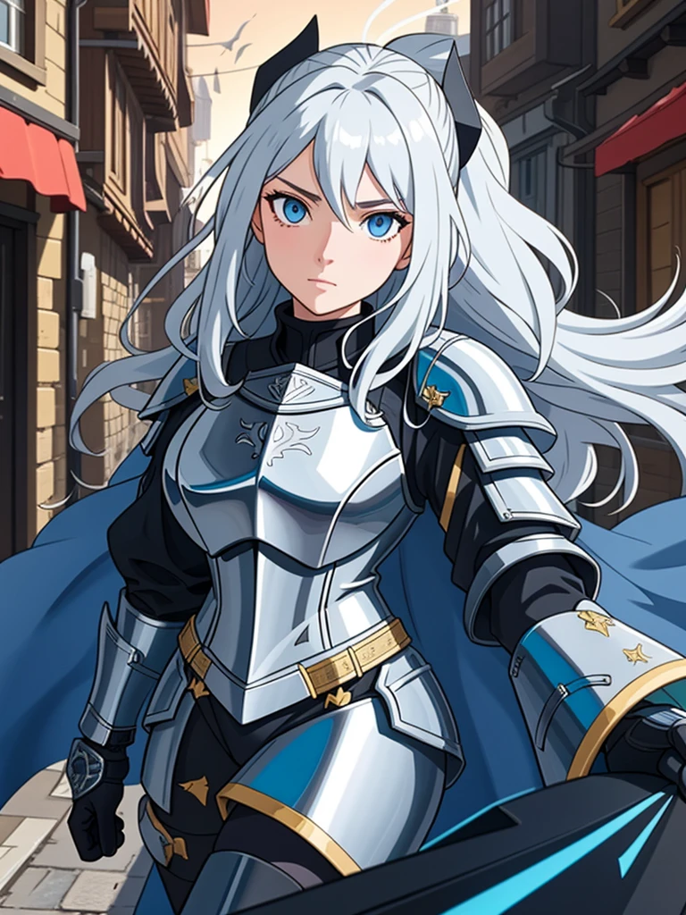 Create an anime-style female knight standing confidently in a medieval cobblestone street. She has long, wavy blonde hair, piercing blue eyes, and is clad in shiny silver and black armor, which is intricately detailed. Her armor includes a chest plate, gauntlets, and greaves, and she wears a flowing black cape. She holds a glowing blue sword in her right hand, which emits a soft light. The background depicts a medieval cityscape with tall buildings, narrow streets, and a soft light filtering through, adding a sense of depth and atmosphere to the scene. The character should exude strength and determination, with a slightly ethereal or heroic aura