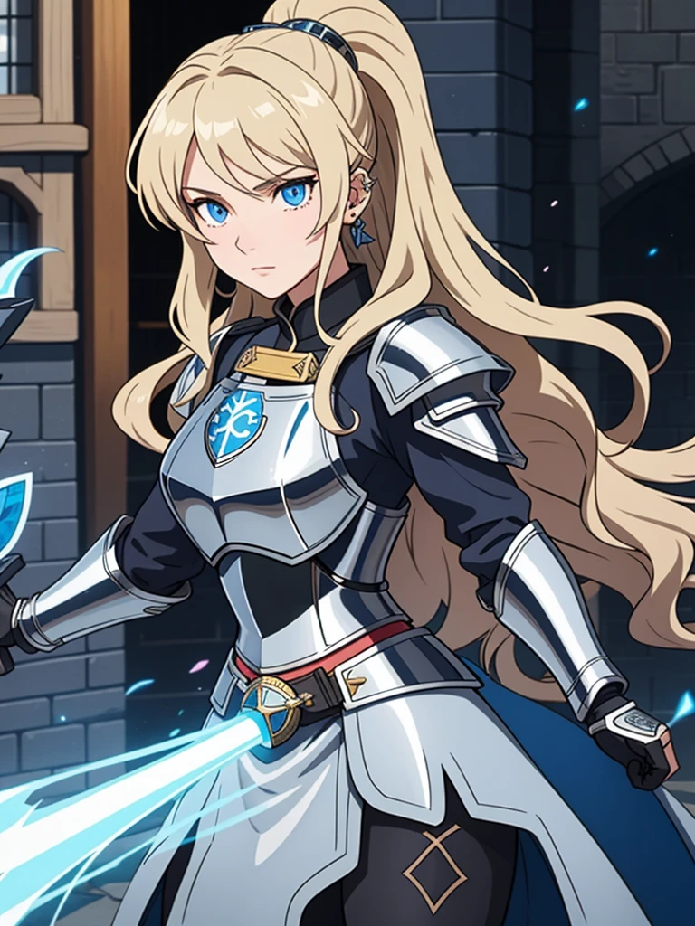 Create an anime-style female knight standing confidently in a medieval cobblestone street. She has long, wavy blonde hair, piercing blue eyes, and is clad in shiny silver and black armor, which is intricately detailed. Her armor includes a chest plate, gauntlets, and greaves, and she wears a flowing black cape. She holds a glowing blue sword in her right hand, which emits a soft light. The background depicts a medieval cityscape with tall buildings, narrow streets, and a soft light filtering through, adding a sense of depth and atmosphere to the scene. The character should exude strength and determination, with a slightly ethereal or heroic aura