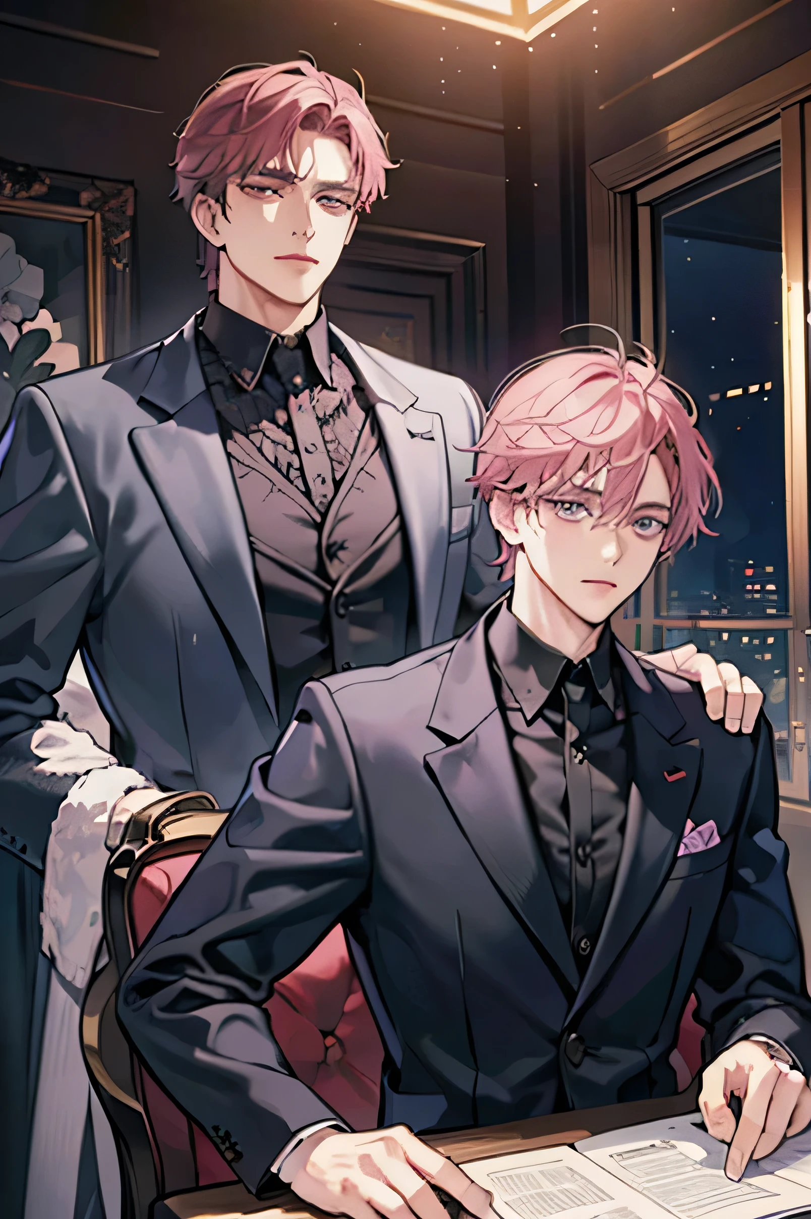 two men, Business suit, Whole body , that they are having a meeting, in luxurious office, Baroque style, man 1 is the millionaire ceo, He has dark brown hair, gray eyes , thick and sharp eyebrows, imposing look, man 2 has pink hair, lilac eyes, youth clothing, and it&#39;s very funny, mischievous look 