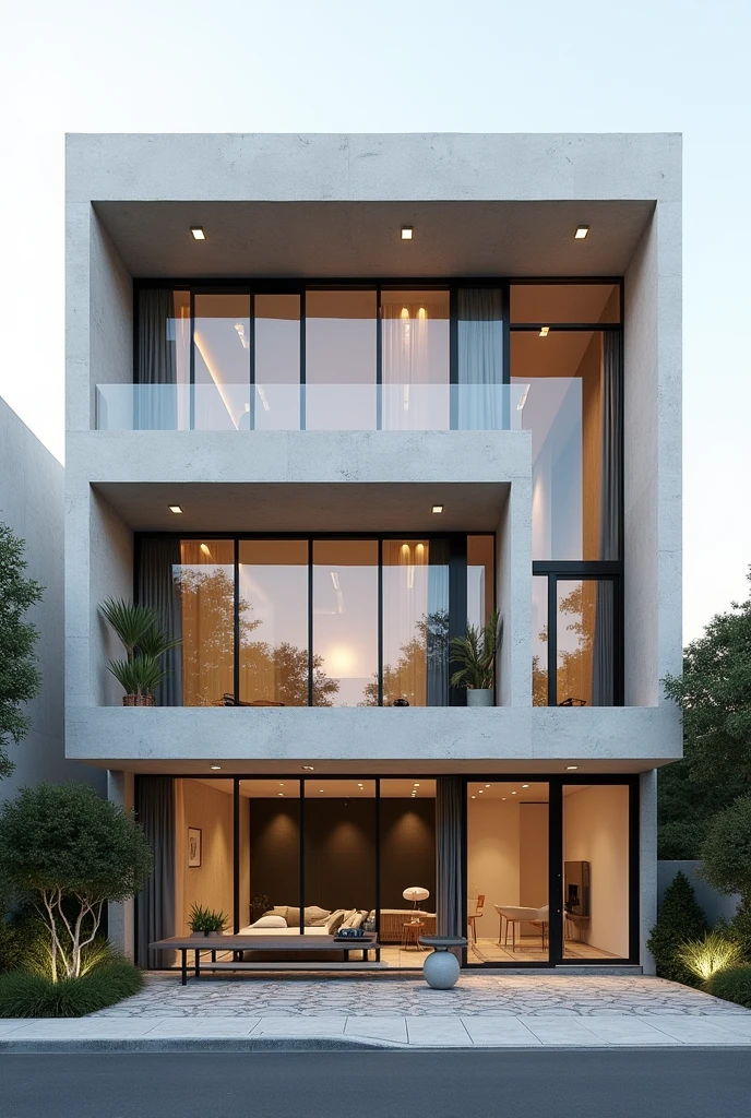 Help me create the facade that resembles the architectural plan design, which I would like to have a glassy minimalist style, for a residential elevation, with a distance of "11 by 7 high at its front", which includes in its facade, stones and monochromatic colors, which on its facade includes the windows, Doors, Columns, balcony Architectural plan: 
