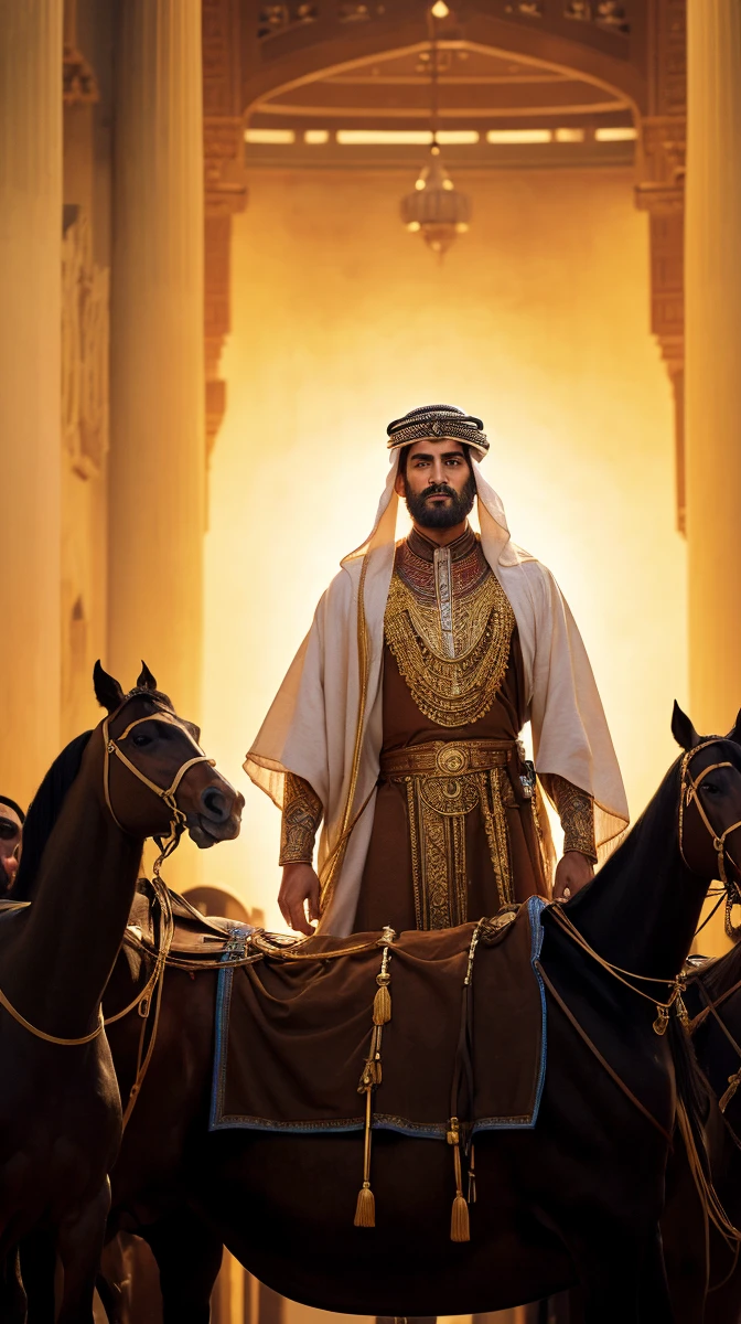 Illustrate a scene hunders Centuries ago a beutiful Arab men surrounded by wealth, children, and followers. Show him in a position of leadership and respect, reflecting his prosperous and influential status in society." (Realistic) ((UHD)) ((anatomically correct)))