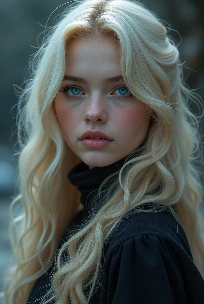 Create an image of a young girl named Apocalypse Mirovanov. She has pale skin and long golden hair that falls in soft waves to her waist.. His eyes are unique and captivating: one is deep lilac and the other is cyan blue. She has delicate features, like a well-defined jawline and full, pink lips. Her figure is slender, but conveys an underlying force. Apocalypse dresses practically, but elegant, reflecting its noble origins, without exaggerated ostentation. One eye is purple and the other is cyan.
