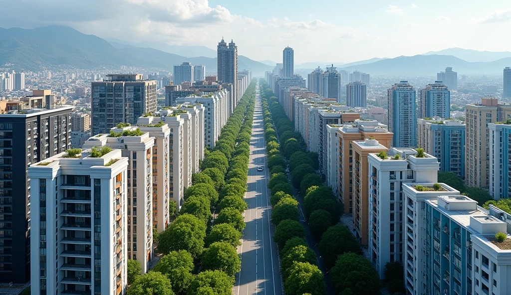 Description for the image:
vista: aerial sky Location: Main avenue of the city of Mollendo.
buildings: Dos filas de edificios residential, located on both sides of the avenue. There are 8 buildings on the left side and 8 on the right side..
Design of buildings: Each building has a different architectural design,
There are buildings on the avenue :
residential. 
Offices with mirror.
Hotel.
Bank. etc. 
Colors of the buildings on the left side: 
buildings: 2,4, 7 in white and dark blue lines.
buildings: 1, 5, 3 and 8. White with dark orange lines.
building: 6 of White and black lines.
Colors of the buildings on the right side:
buildings: 1, 4, 8 of Blue and white.
buildings: 3, 6, of Beige and white.
buildings: 2, 5, 7 in White and light blue lines.
Height: Each building is approximately 100 meters high and has around 28 floors..
Green trees and path: Includes trees along the avenue and on the central path.