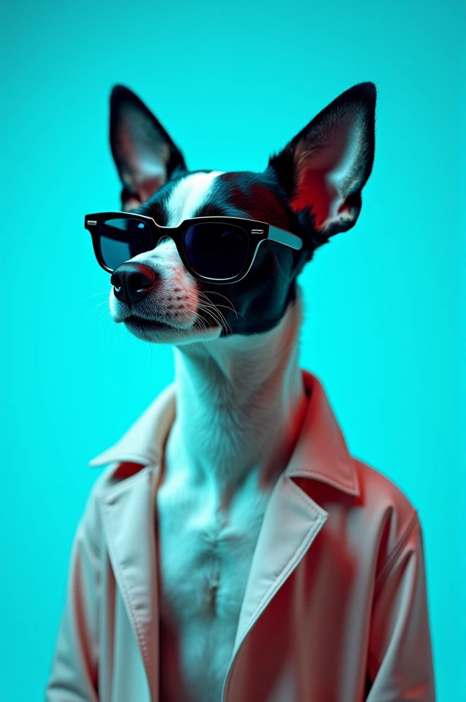The best cell phone wallpaper, Award-Winning Wallpaper, portrait photography, In the front view is a portrait of a cute dog wearing mid-1960s space age fashion, Side view photo, Shot with Canon EOS R5, Set a strong contrast that accentuates the subject, Fluorescent blue tone, Wearing a very modern coat and sunglasses is a modern 1960s style, Clothes all in one color, beautiful background