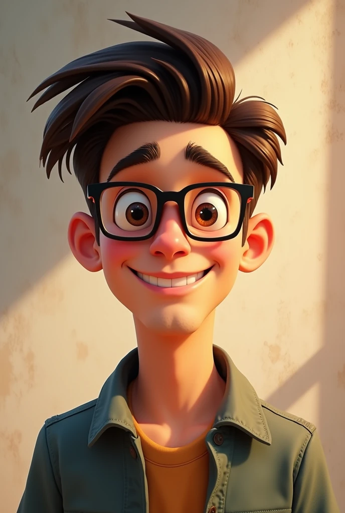 Good looking 23 year old man wearing glasses animated pixar art with faded haircut