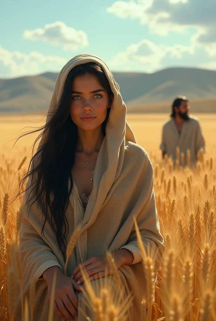Generate realistic images of Ruth the Moabite with blue eyes and black hair covered with a blanket working in a wheat field. While Boaz watches Ruth from afar with admiration