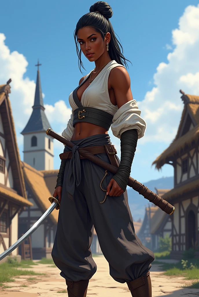 Create an RPG character, a dark-skinned woman of the human race, with a katana in a medieval village 